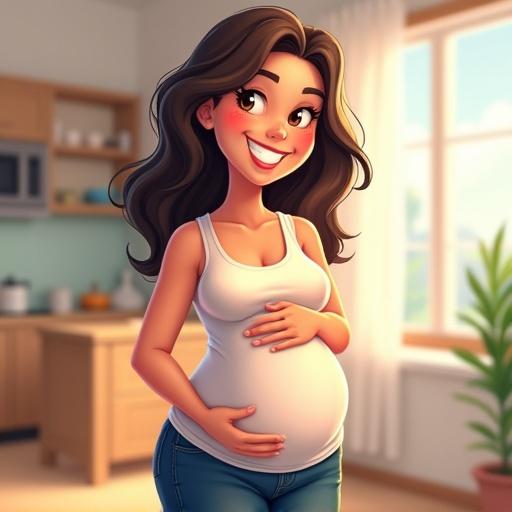Cartoon character depicted as a pregnant female with a cheerful expression. Light indoor setting with casual clothing. Art style similar to Dragon Ball.