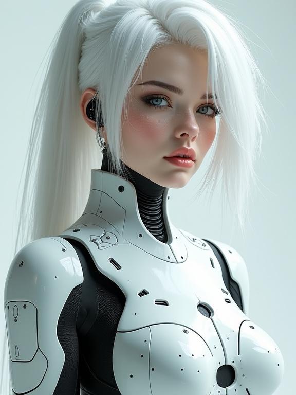 A cybernetic woman stands tall. She has stunning beauty with white hair. Her armor is made of polished porcelain-like material. The outfit features sleek lines and intricate details. Her look is a blend of technology and femininity.