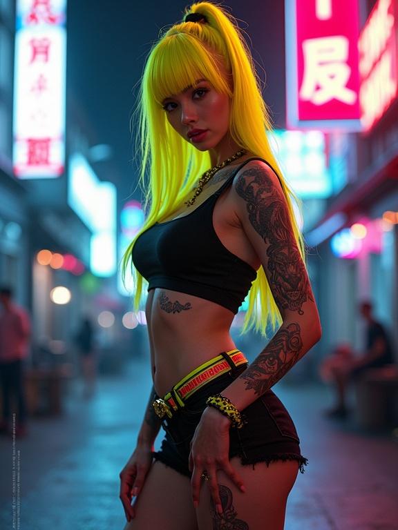 Photorealistic portrait of a woman with yellow hair and tattoos. She stands in a neon-lit street with glowing signs. Dressed in a black crop top and high-waisted shorts. Confident pose with one hand on hip. Bright lighting enhances features.