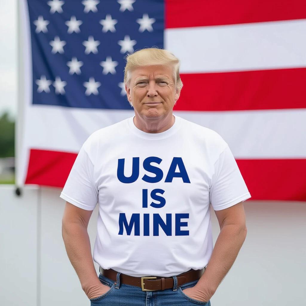 Donald Trump wearing a white t-shirt that says USA IS MINE in blue letters. Background features an American flag.