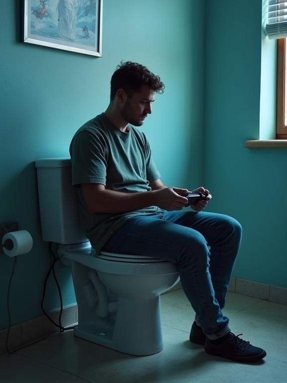 A man sitting on a toilet plays video games on a gaming console. The setting features a teal wall and natural light coming from a window. The focus is on the man, who is deeply engaged with the controller.