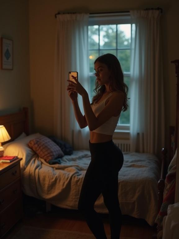A young woman takes a selfie in her bedroom. She wears black leggings and a white crop top. One arm is raised, holding her phone. The bed is unmade with clothes scattered in the background. Natural light fills the room.