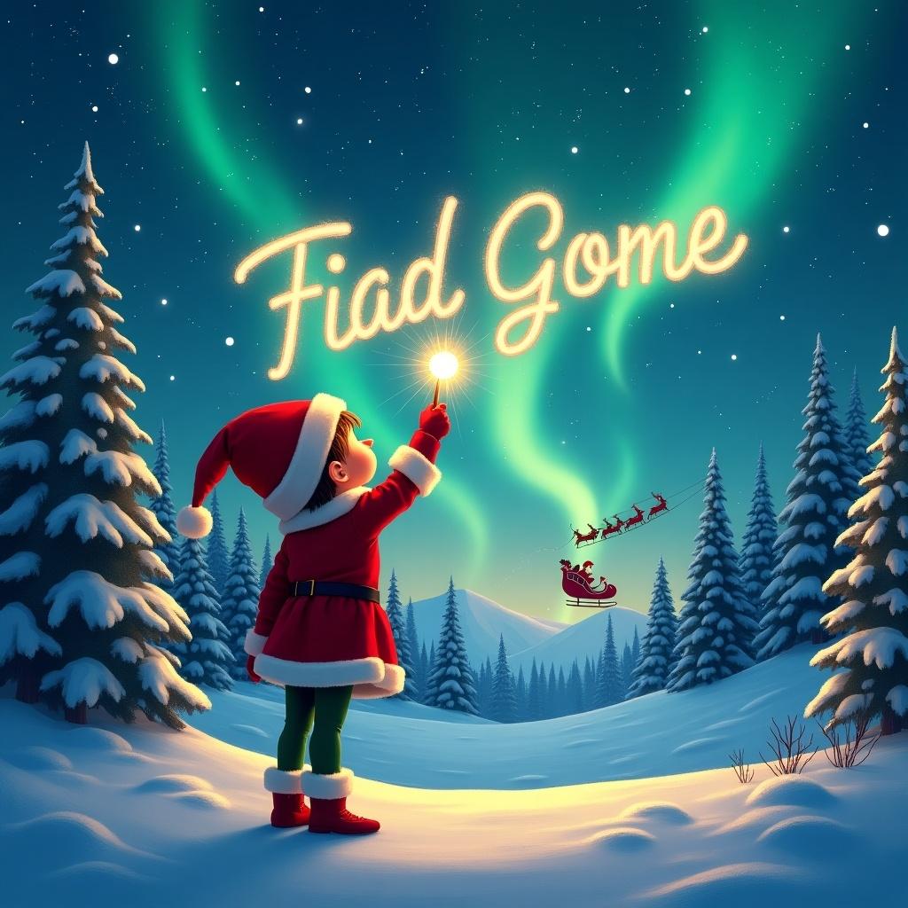 The image depicts a festive scene where a young elf is facing away from the viewer, gazing up at the magical sky. Using a wand, the elf writes a child's name in glowing script against a backdrop of enchanting northern lights. The landscape is filled with snow-covered trees, creating a winter wonderland ambiance. In the distance, Santa Claus can be seen flying in his sleigh, adding to the holiday cheer. The overall feel is whimsical and joyful, perfect for capturing the spirit of Christmas.