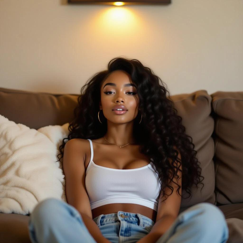 A beautiful 19 year old black girl lies on a brown sofa. She looks at the camera with half closed eyes. Her mouth is open as if singing. She has long slightly curly hair. The setting has dim lighting from a yellow ceiling light.