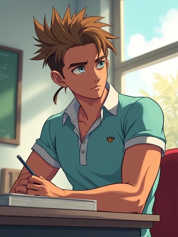 Anime character sits at desk in a cram school. He has spiky hair and silver eyes. The character wears a light blue polo shirt. Muscular arms show while writing notes. Afternoon light fills the room, creating a bright and studious atmosphere. Display of youth and education in modern setting.