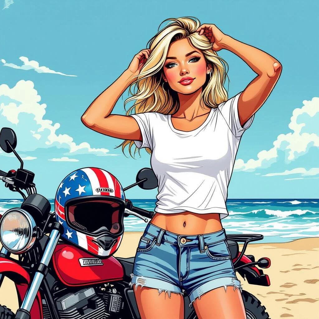 Blonde girl stands at the beach beside an off-road motorcycle. Girl wears a white t-shirt and short jeans. On the motorcycle seat rests a helmet painted with stars and stripes. Left hand strokes through hair. Right hand rests on the helmet. Drawing in comic-book style similar to Jean Giraud. Image shows girl and motorcycle from bottom to top.