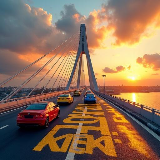 Stunning sunset view of the Bosphorus Bridge with a unique road design. Vibrant cars driving along the bridge with warm atmospheric lighting. The scene captures modern architecture and dynamic clouds. Engraved yellow text on the road. Emphasis on depth and symmetry.