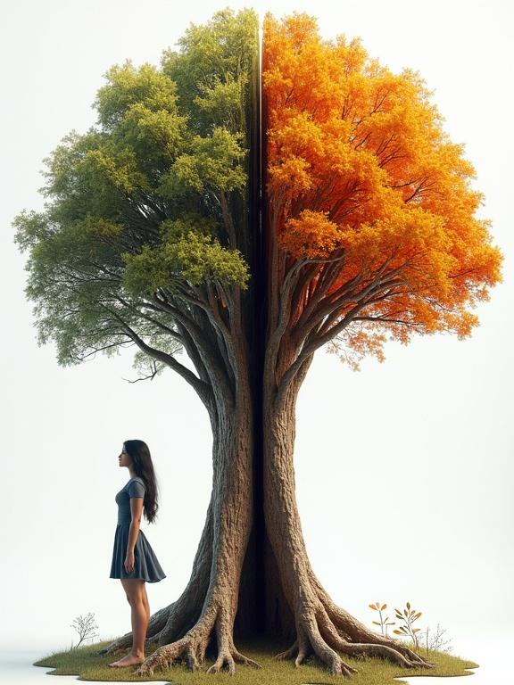 3D hyper-realistic double exposure art of an oak tree with peeling wood layers. Each layer symbolizes a season: winter, spring, summer, fall. Scenes of each season unfold inside the trunk, blending into the contours of a female body. Textured bark and vivid seasonal traits emphasize the life cycle concept. Artistic fantasy representation of a year inside a woman's torso and legs.