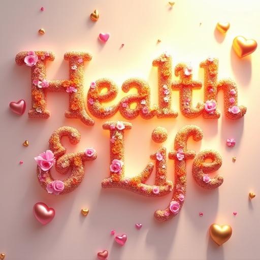 3D render of elegant text 'Health & Life' in soft ethereal space. Letters made of swirling clouds with flowers. Background ivory gradient with pink and gold hearts floating. Soft shadows and golden glow from letters.