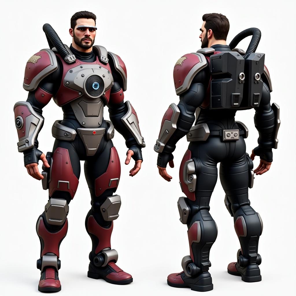 3D model of a robust futuristic character with heavy technology armor. Heavy industrial design with dark red, metallic gray, and black colors. Mechanical elements like tubes and reinforced plates on shoulders, arms, and legs. Circular mechanism on front torso resembling energy device. Cybernetic visor on left eye. Large components on back possibly for energy or propulsion. Determined expression. Displayed in three views: front, side, back.