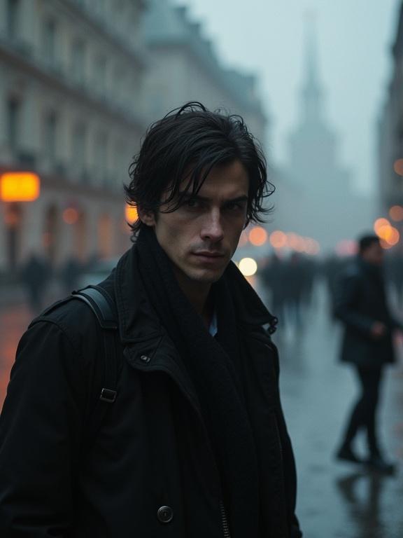 Photorealistic cinematic image of an assassin in modern day Moscow. Young European man with dark hair. He appears intense and focused. The background shows blurred city life with soft lighting. His clothing is dark and he looks like he is on the run.