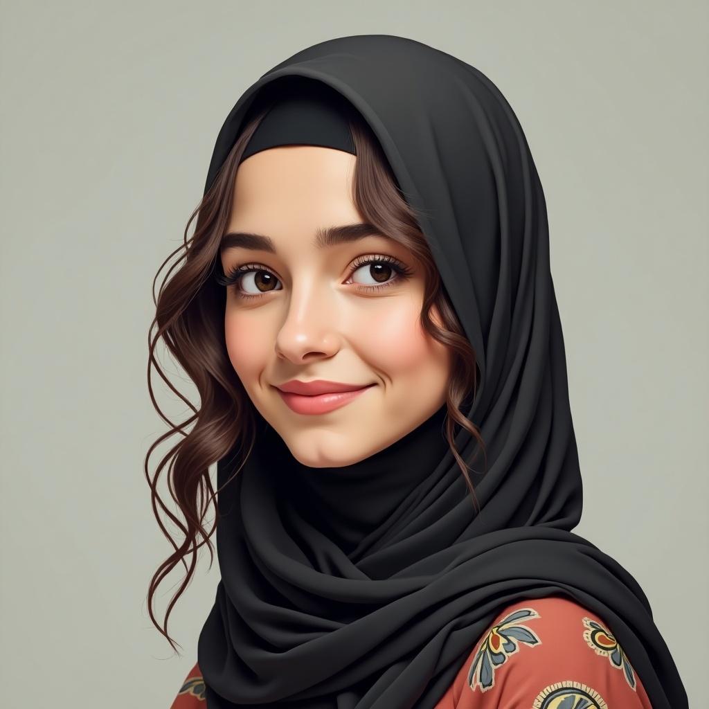 A portrait of a young woman smiling. She wears a hijab that complements her traditional clothing. The background is simple and unobtrusive.