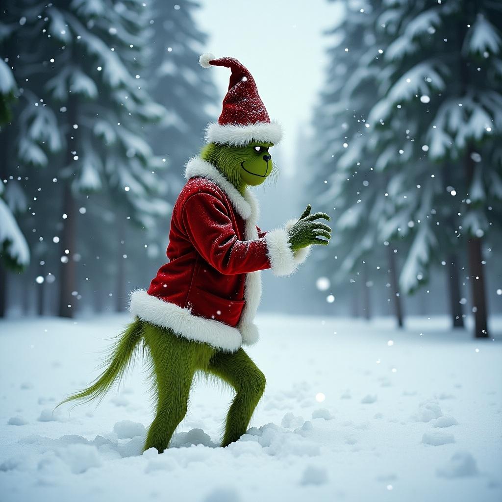 The Grinch dressed in traditional Santa suit. Writing in snow while snow gently falls. Surrounded by tall snow-covered trees. Captures the spirit of the holiday season.