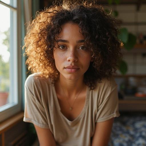 Woman with curly hair. Natural light from a window. Relaxed and casual setting. Indoor environment with plants. Subtle atmosphere of warmth and comfort.
