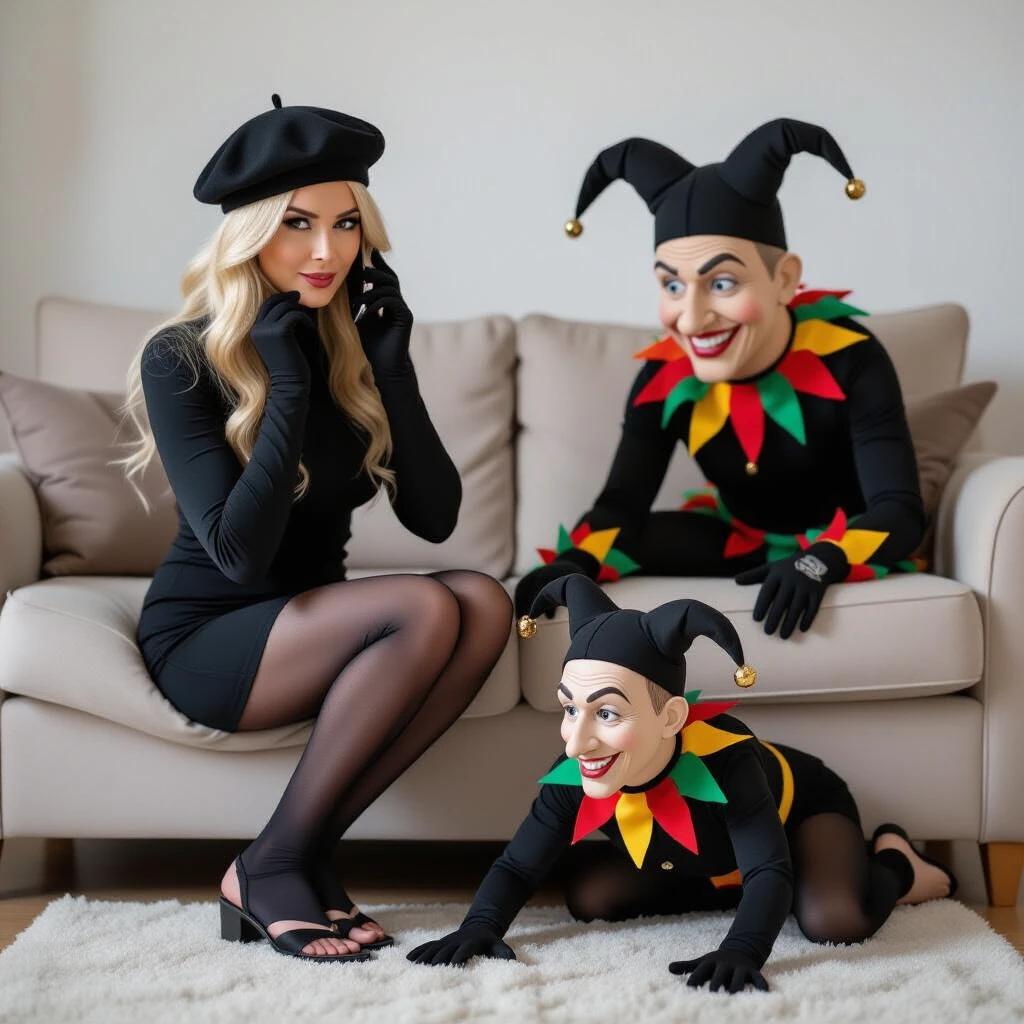 A woman dressed in black sits on a sofa. She talks on her phone and wears a mini skirt, long-sleeve top, beret, gloves, tights, and flip-flops. Two children in jester costumes play on the floor. One crawls while the other bends down.