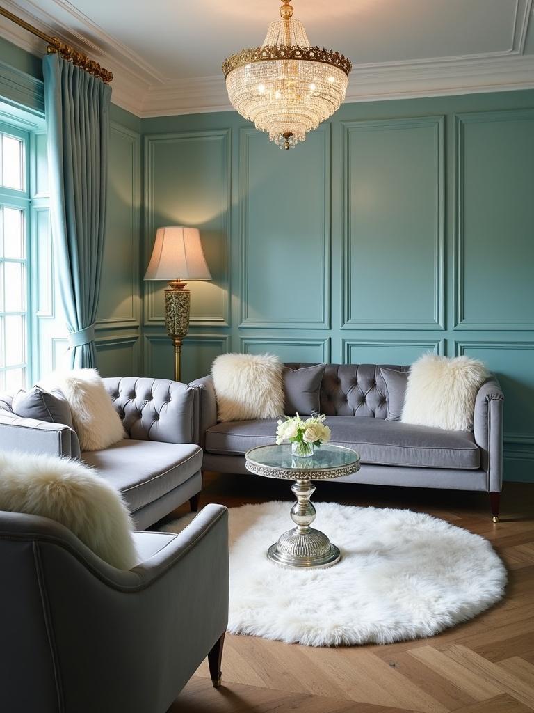 Consultation room designed in plush heather grey with velvet couches. Furnished with cream faux fur pillows and a faux fur rug. Features a striking chandelier. Decorated in Tiffany blue and robin egg blue. Room exudes a classy and elegant atmosphere.