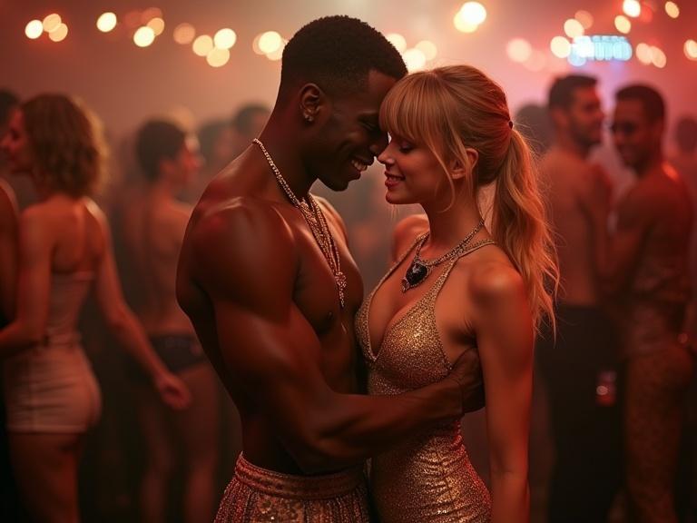 Photorealistic image of a young couple dancing in a nightclub. The woman is wearing a gold bodycon dress and high heels. The man is an older black rapper. The scene features a crowded dancefloor with vibrant lighting.