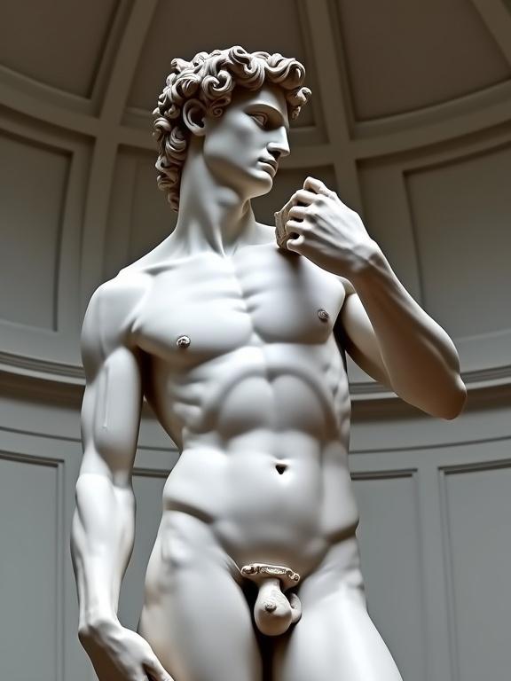 Photograph of a marble sculpture of a nude male figure captured in three-quarter view. The male figure exhibits a muscular physique with defined abs and pectorals. The right arm is bent with the hand near the chin. The left arm hangs relaxed by the side. The sculpture features curly hair and a detailed representation of the male anatomy. The background has a domed gray ceiling, enhancing the classical setting of the artwork.