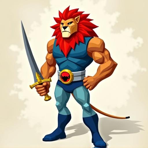 Stylized fan art of Lion-O from ThunderCats. Character designed in modern low-poly art style. Background is off-white. Pose displays strength. Features sharp red hair and muscular body. Costume includes blue uniform and gold Sword of Omens.