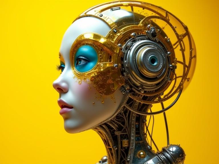 The image shows a futuristic cybernetic face. It features a large detailed eye. The face combines organic and mechanical elements. It has a transparent golden-yellow exterior. Intricate circuitry and components are visible. The eye is realistic with a blue iris and golden reflections. The background is solid yellow.