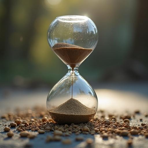 A close-up image of a glass hourglass filled with sand. The hourglass is on a textured surface with scattered grains of sand around. Soft natural light creates a warm and serene atmosphere.