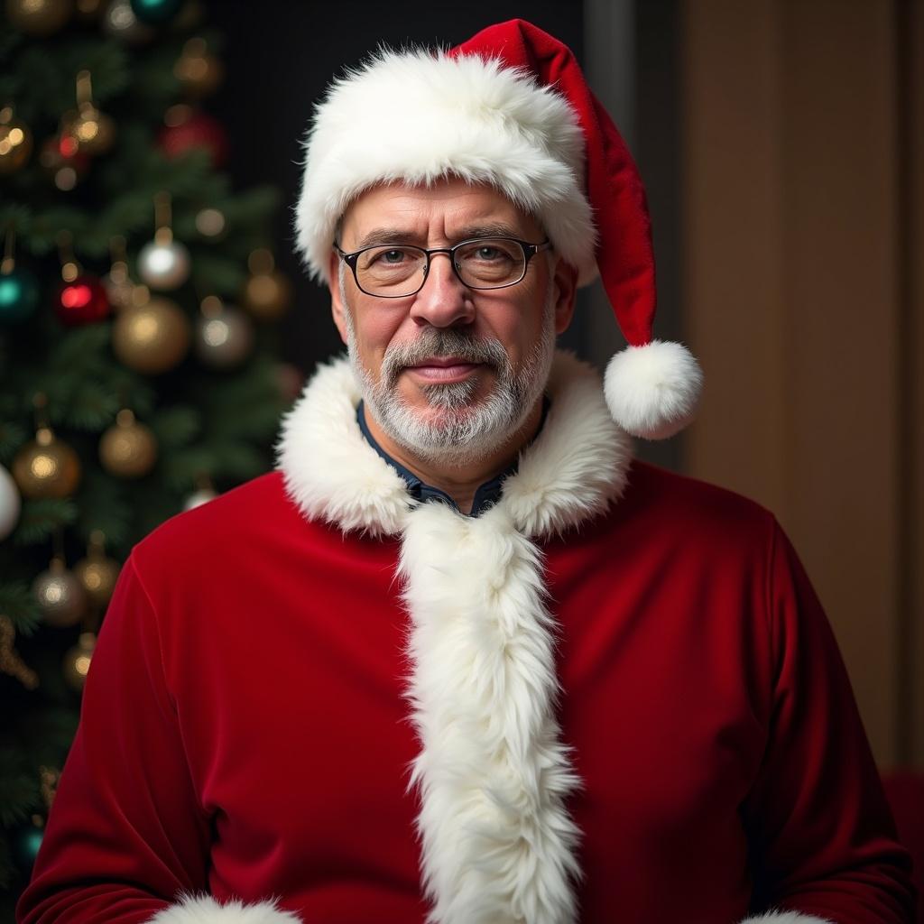 Individual wears a classic Christmas Santa costume standing in front of a decorated Christmas tree. The outfit is traditional red with a white fur trim. The background features ornaments and festive decorations.