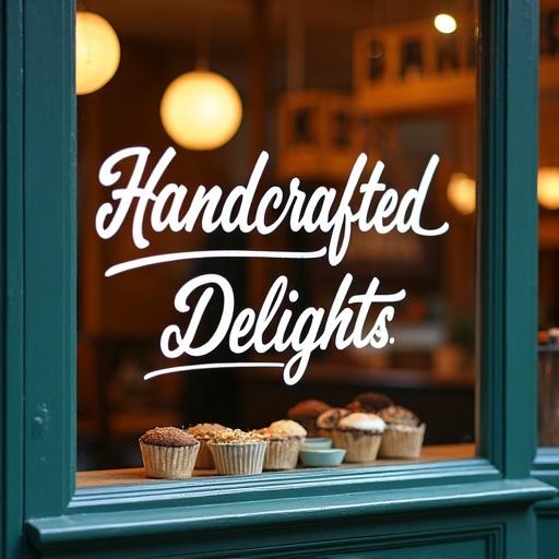 A hand-painted sign saying 'Handcrafted Delights' in flowing cursive. The sign is on a glass storefront. View shows cupcakes in front of the glass.