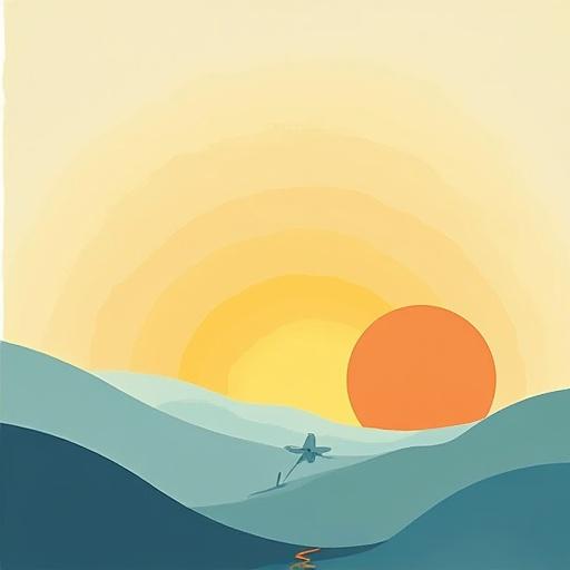 Design inspired by Matisse style. Soft lines and simple shapes. Light and luminous colors. Depicts a sunrise, soft shades of yellow orange light blue. A scene with rising sun over horizon. Delicate silhouettes. Evokes tranquility love. Reflects dedication affection in care of others. Includes phrase 'Nursing an act of love and dedication.'