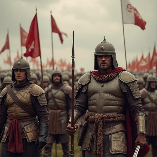 Scene depicting ancient soldiers in armor prepared for battle with flags in the background. Soldiers holding spears in formation on a battlefield. Dramatic sky adds intensity to the atmosphere.