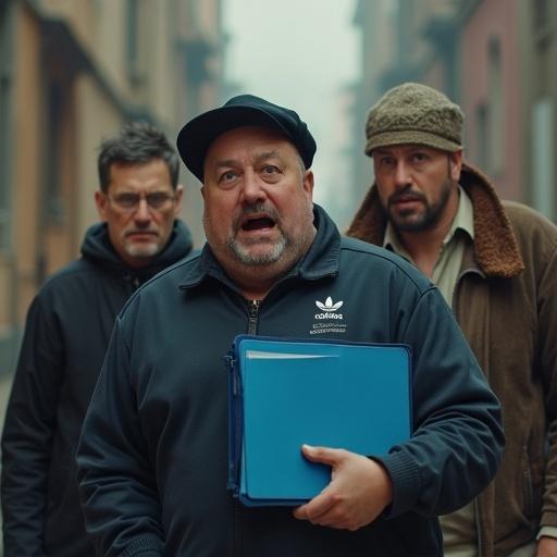 A frightened man stands in a narrow street holding a blue folder. Behind him, two bandits loom. One is fat and wears an Adidas jacket. The other is skinny and appears like a villager. The setting is tense and atmospheric.