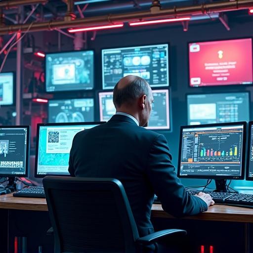 A high-tech military command center with various LED LCD screens and advanced electronics. An individual sits in front of the screens, surrounded by neon lights and glowing wires. The setting has a futuristic and sophisticated atmosphere.