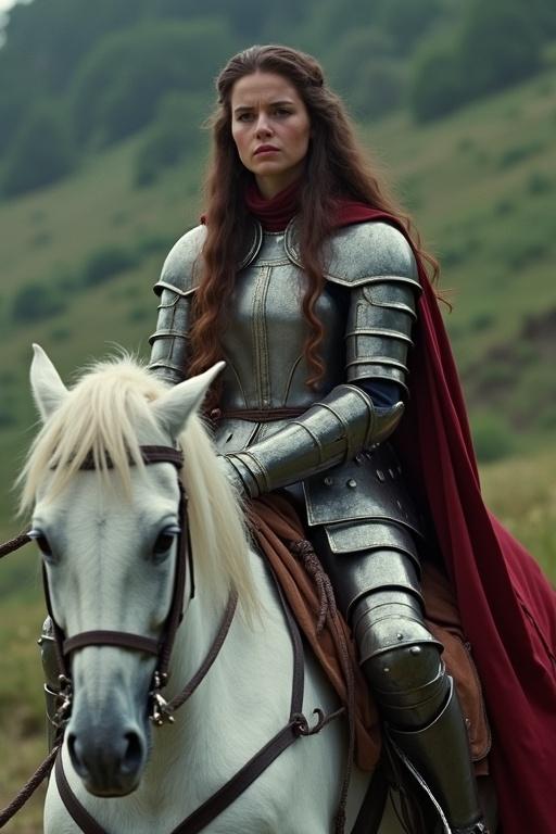 Low resolution screengrab from a 1980s dark fantasy film featuring a young woman with long brown hair in plate armor sitting on a white horse. Scene includes themes of magic and danger, reminiscent of classic fantasy films.