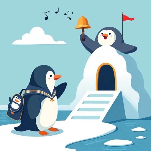 Penguin student in sailor suit saying goodbye. Classmates at iceberg school entrance. Waving pendant on schoolbag. Steps shaped like slide. Seal teacher holding school bell. Bell turns into musical notes. Penguin on left side. School entrance occupies most space. Fresh and bright colors. Simple lines. Lively and orderly atmosphere.