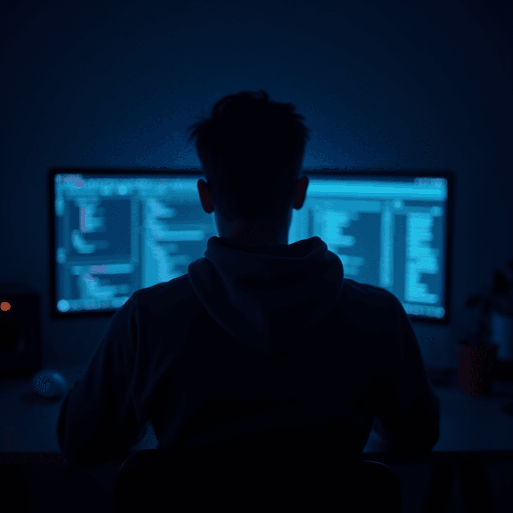 A person is working on a large computer screen with code in a dark room.