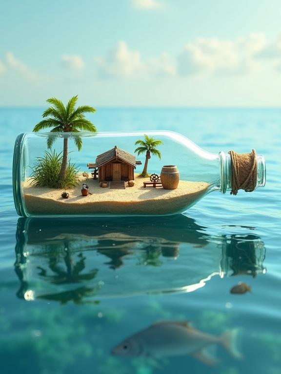 Highly detailed miniature beach scene inside a clear glass bottle. Bottle floats horizontally on calm sea. Cork partially removed and held by twine. Inside landscape features tiny wooden hut and a figure on a bench. Includes barrel ship wheel and coconuts. Ocean mirrors sea outside. Small waves on sandy shore. Two fish swim below. Surreal composition merges ship in a bottle with castaway life. Photorealistic quality blurs fantasy and reality.