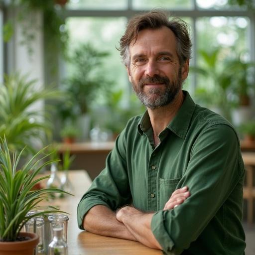 Middle-aged male biologist in a lab surrounded by plants. Wearing green clothes. Organic building with natural light and wooden furniture. Lab table with capsules and bottles containing green plants. Ultra-realistic photo.