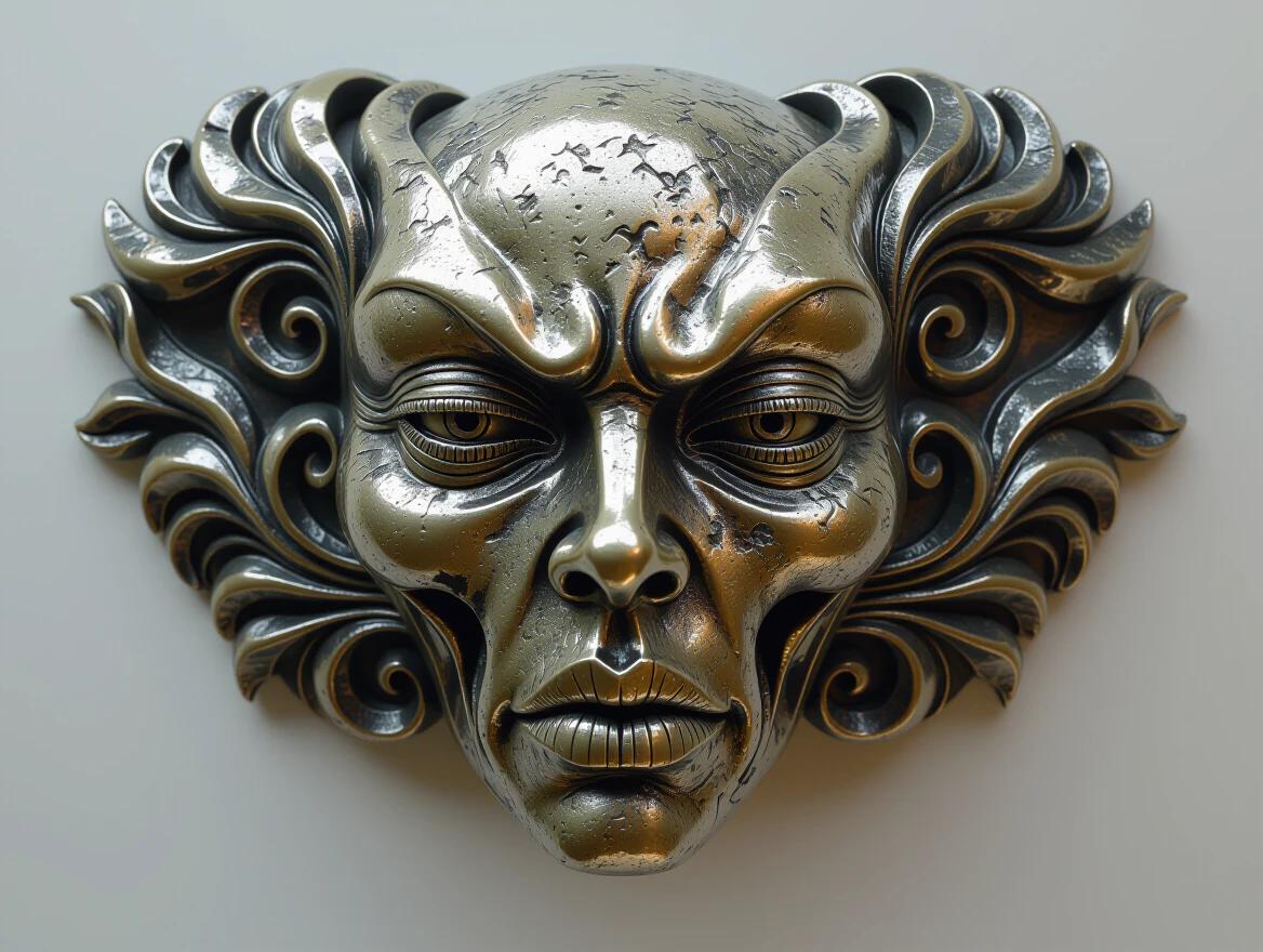 Closeup of ornate metalwork with intricate designs. Artistic visual features a blend of silver and dark tones. A focus on craftsmanship is evident. The carving style exhibits chaos and fluidity.
