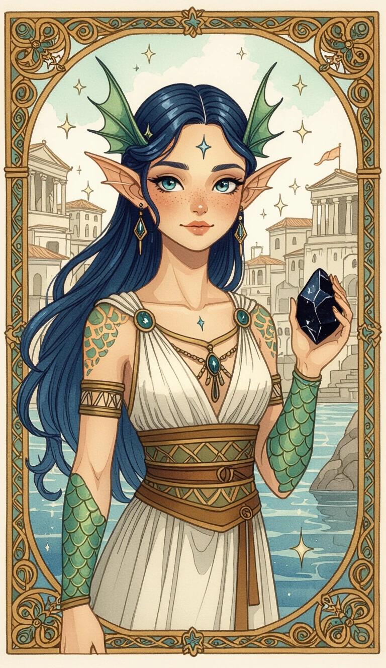 Illustration of a Triton female character with fish-like features. Background exhibits an Ancient-Grecian Fantasy port city. Character wears Greek-style clothing and has a magical black stone. She has long blue slicked hair and scaled skin. Vibrant blue and green colors dominate. Magical and youthful appearance. Connected to stars in design elements.