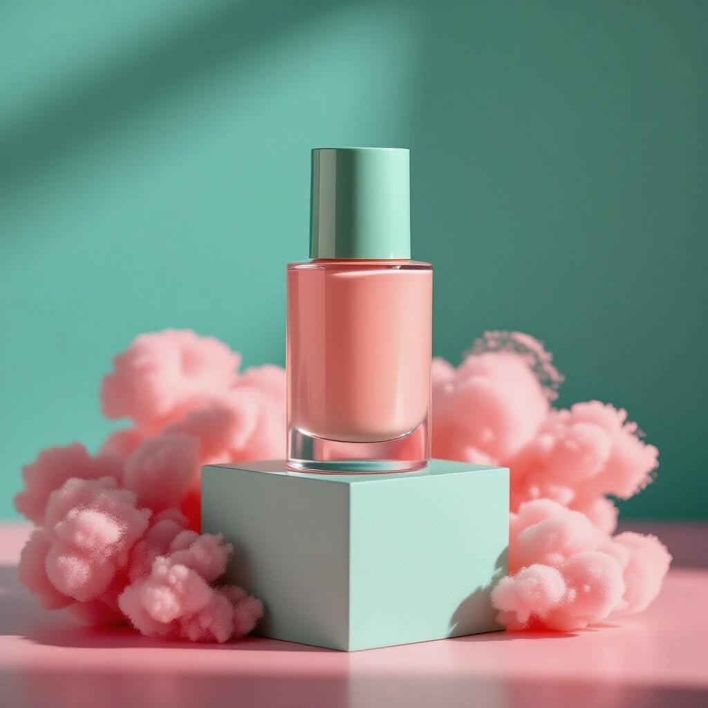 A 30 ml makeup bottle with a green cap and a salmon-colored body is in the center. The bottle stands on a mint green cube pedestal. Strong directional light creates a striking reflection on the bottle. A soft pink powder cloud surrounds the product. Background is matching pink. Clean composition is in editorial style. Professional studio lighting is used for high-end product photography.