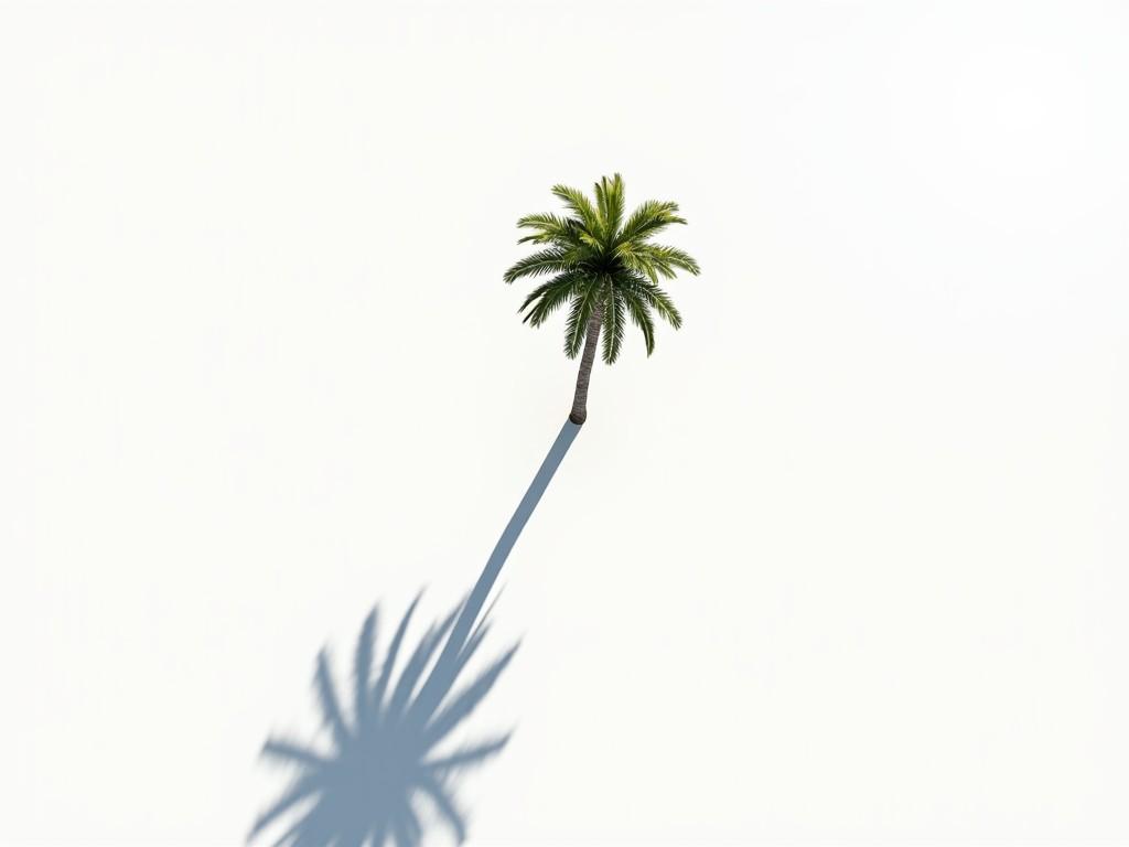 This image features a single palm tree viewed from a top-down perspective against a minimalist white background. The palm tree has a natural, curved shape, reminiscent of those found on beaches. It's centrally positioned, drawing attention immediately. A bright light source illuminates the scene from above, casting a long, sharp shadow that contrasts sharply with the white background. The combination of the vibrant green leaves and the stark shadow creates a striking visual appeal.