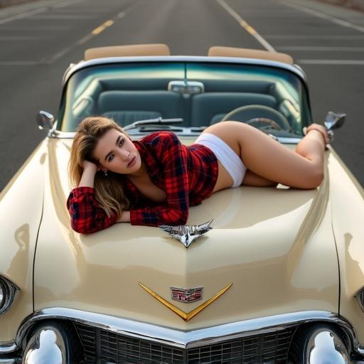 Young woman with blonde hair reclines on beige hood of 1950s Cadillac Eldorado Convertible. She wears red and black plaid flannel shirt tied at waist and white bikini bottom. Classic car parked in empty asphalt parking lot with soft evening lighting. Woman's pose is relaxed with arms behind head and legs extended across wide hood. Chrome grille and distinctive front end design of Series 62 visible. Photography features natural lighting and shallow depth of field.