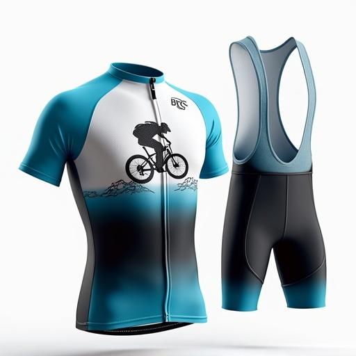 Professional image of a cycling kit. Features a jersey and shorts for a Portuguese cycling club. Vibrant colors include black and blue at the bottom of the jersey. Transitions to white with light blue accents. Outline of a person jumping a mountain bike on the back. Rider's name on the left breast. BCG Group logo on the back. Group focuses on cycling, culture, and food.