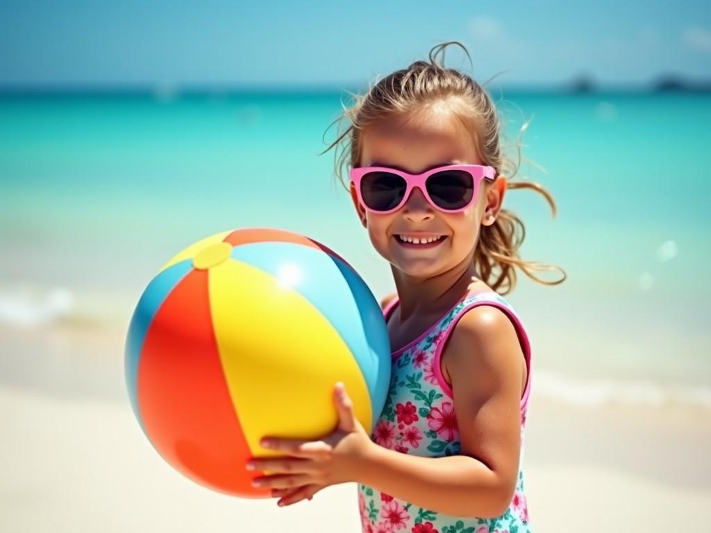 A young girl stands joyfully on a sandy beach, wearing a colorful floral swimsuit and trendy sunglasses. She holds a large, vibrant beach ball in her arms, showcasing her happiness. The beautiful turquoise sea sparkles in the background under a bright sunny sky. Waves gently lap at the shore, creating a perfect summer atmosphere. This scene captures the essence of childhood joy and playful summer days.