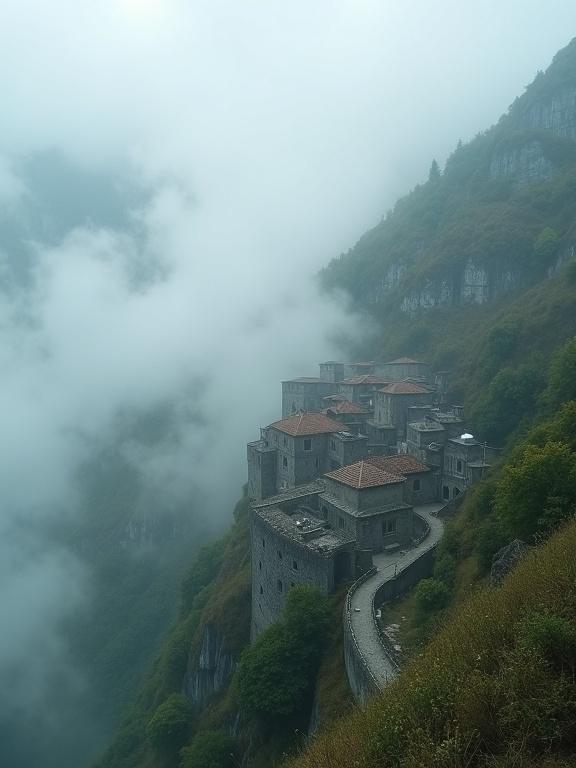 Early morning scene of historic mountain village on steep slopes. Partially obscured by fog. Focus on mysterious and ethereal atmosphere as structures and pathways peek through mist. Desaturated colors with hints of greens and grays.