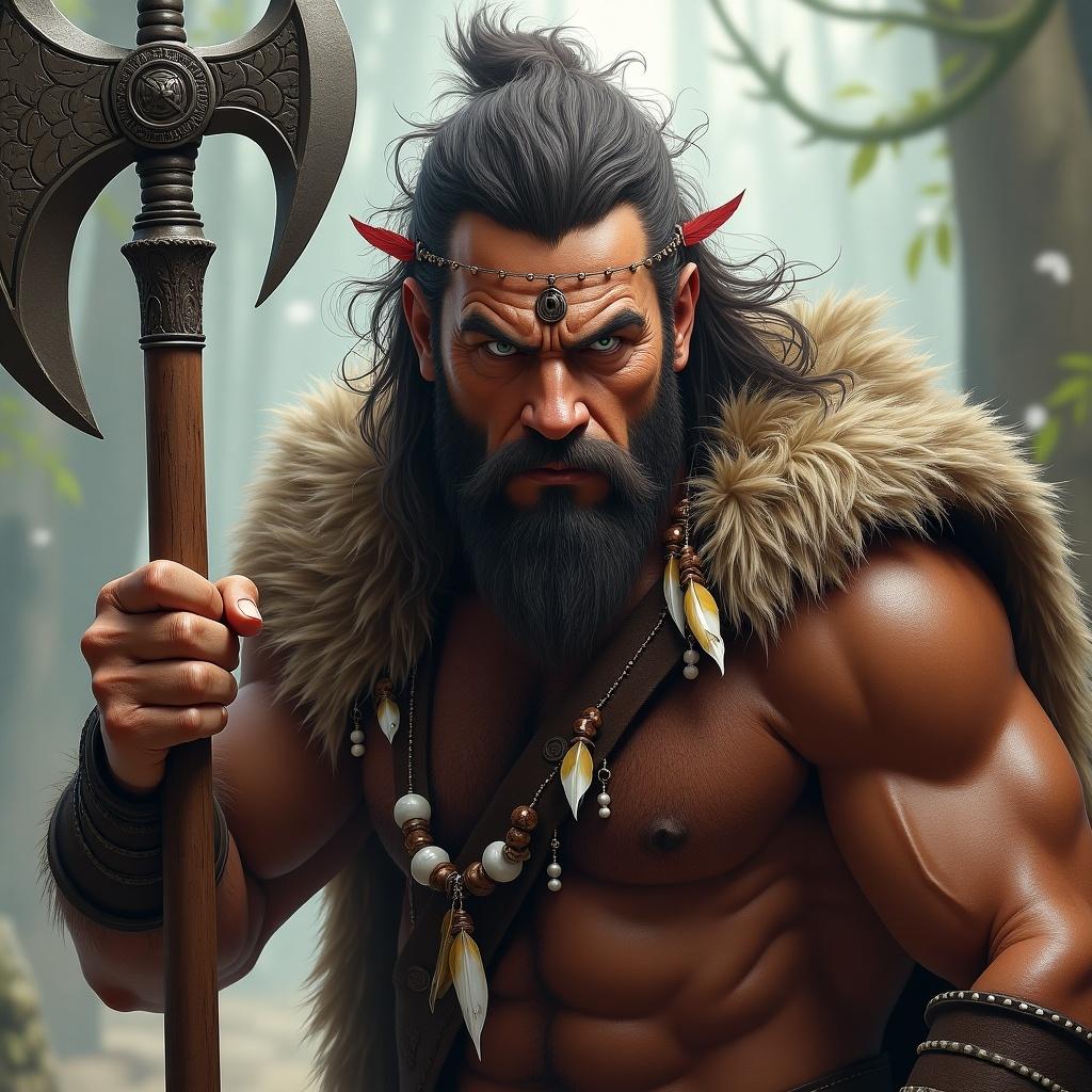 Detailed portrait of a muscular barbarian warrior. He has long hair, a beard, and tribal jewelry. The background features a forest environment with soft lighting.