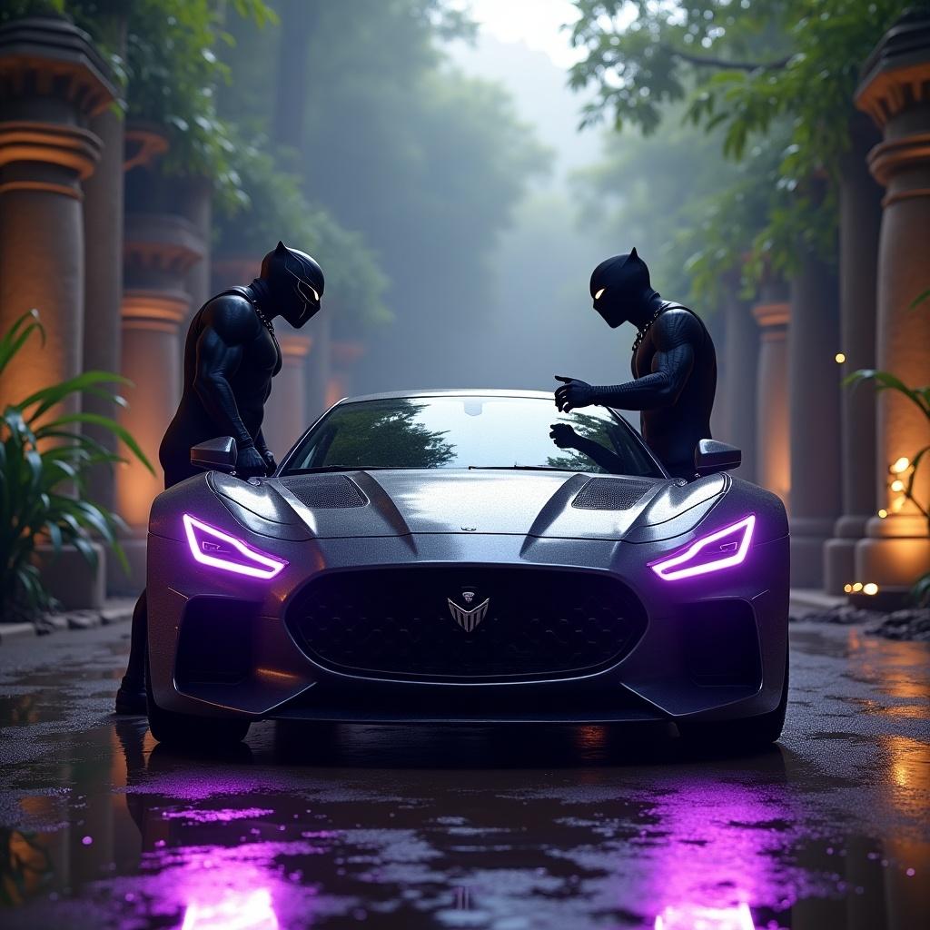 The scene depicts a stunning luxury car inspired by a jaguar, featuring sleek vibranium armor and striking purple lights. This high-tech vehicle is confronted by Black Panther, who utilizes his advanced technology to hack into the car's system. The backdrop is set in the lush jungles of Wakanda, blending elements of ancient ruins with cutting-edge technology. The atmosphere is charged with anticipation as Black Panther's imposing figure complements the car's aggressive design. This powerful encounter resonates with themes of strength and innovation.