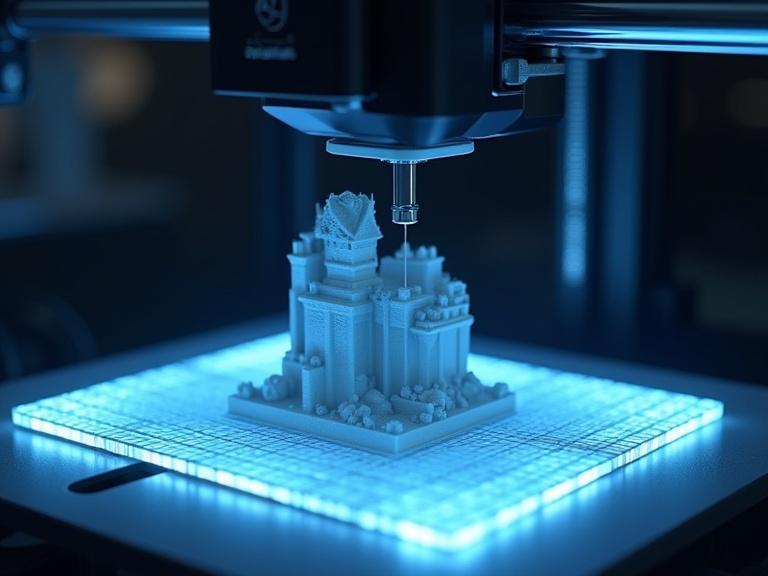 Realistic animation still shows a 3D printer actively printing a complex model. Heatbed features raised tiles for support. Nozzle and filament path are visible. Blue outlines highlight active support tiles.