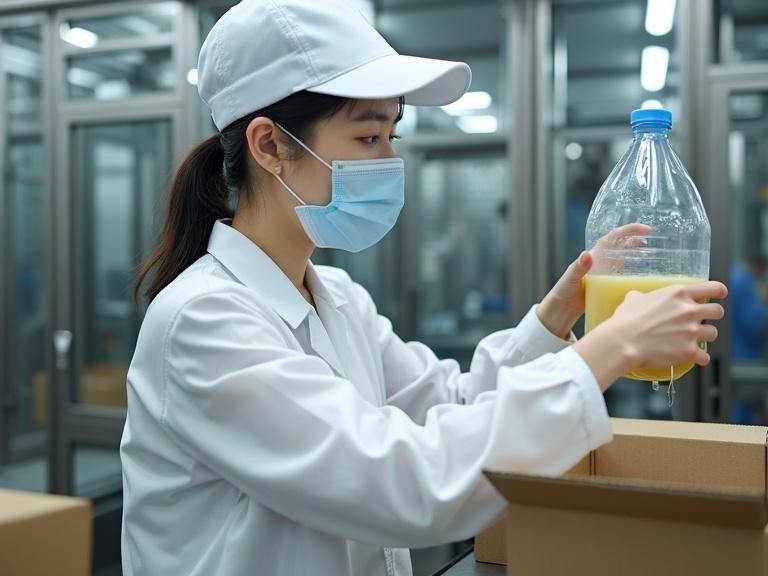 At food factory, Japanese female worker wearing white clothes and mask operates liquid filling machine. Filling target is 20-liter bag-in-box container. Vinyl container is set in cardboard box. High-resolution, realistic photo.