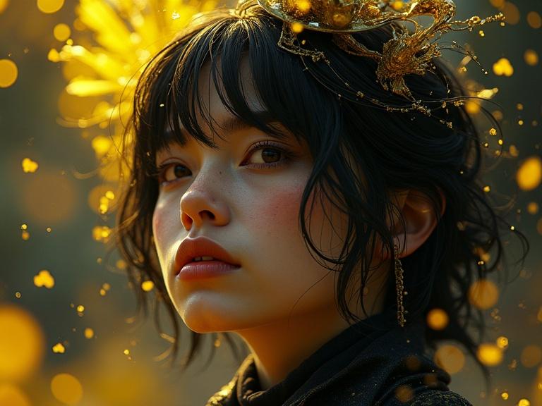 A close-up portrait of a woman with dark hair. She has decorative elements on her head. The background features soft golden lighting. The image has a dreamy, mystical vibe.