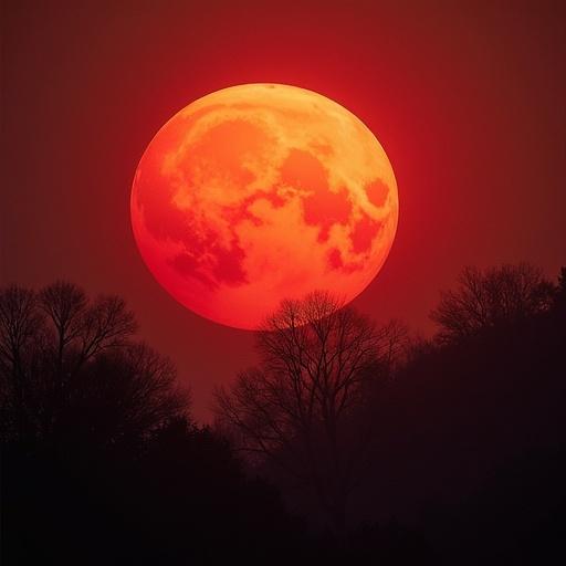 Blood red moon appears in the evening sky. It glows bright and does not hurt to look at. The moon looks fiery with a surrounding glow. The scene features two similar glowing objects above the trees. The landscape is filled with swirling colors of orange and red. Flames shoot off in different directions.